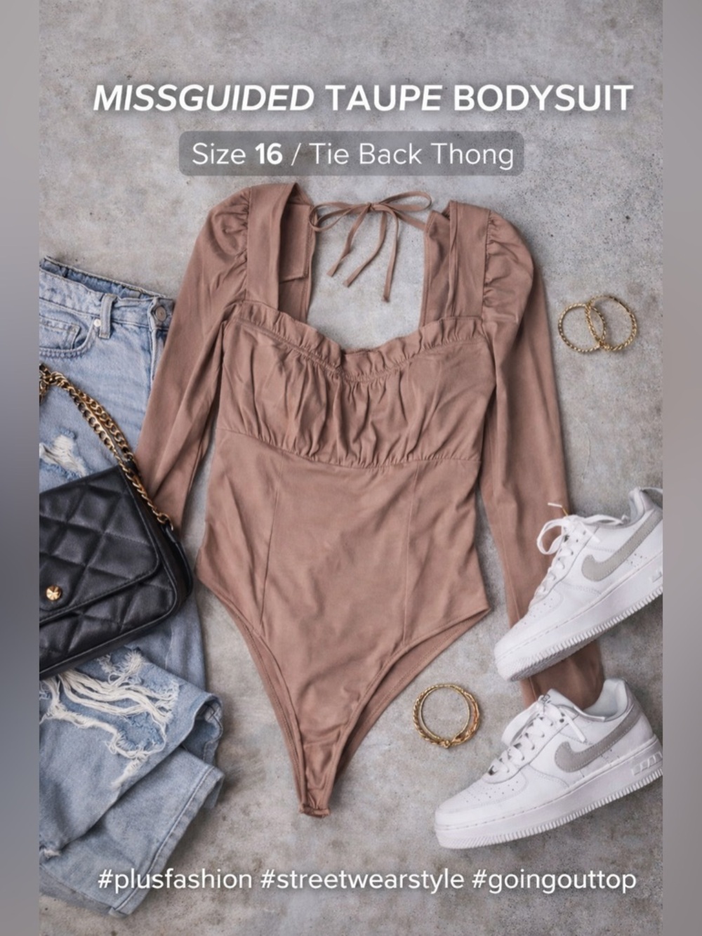 Missguided Taupe Tie Back Thong Bodysuit Size 16 Long Sleeve Ruched